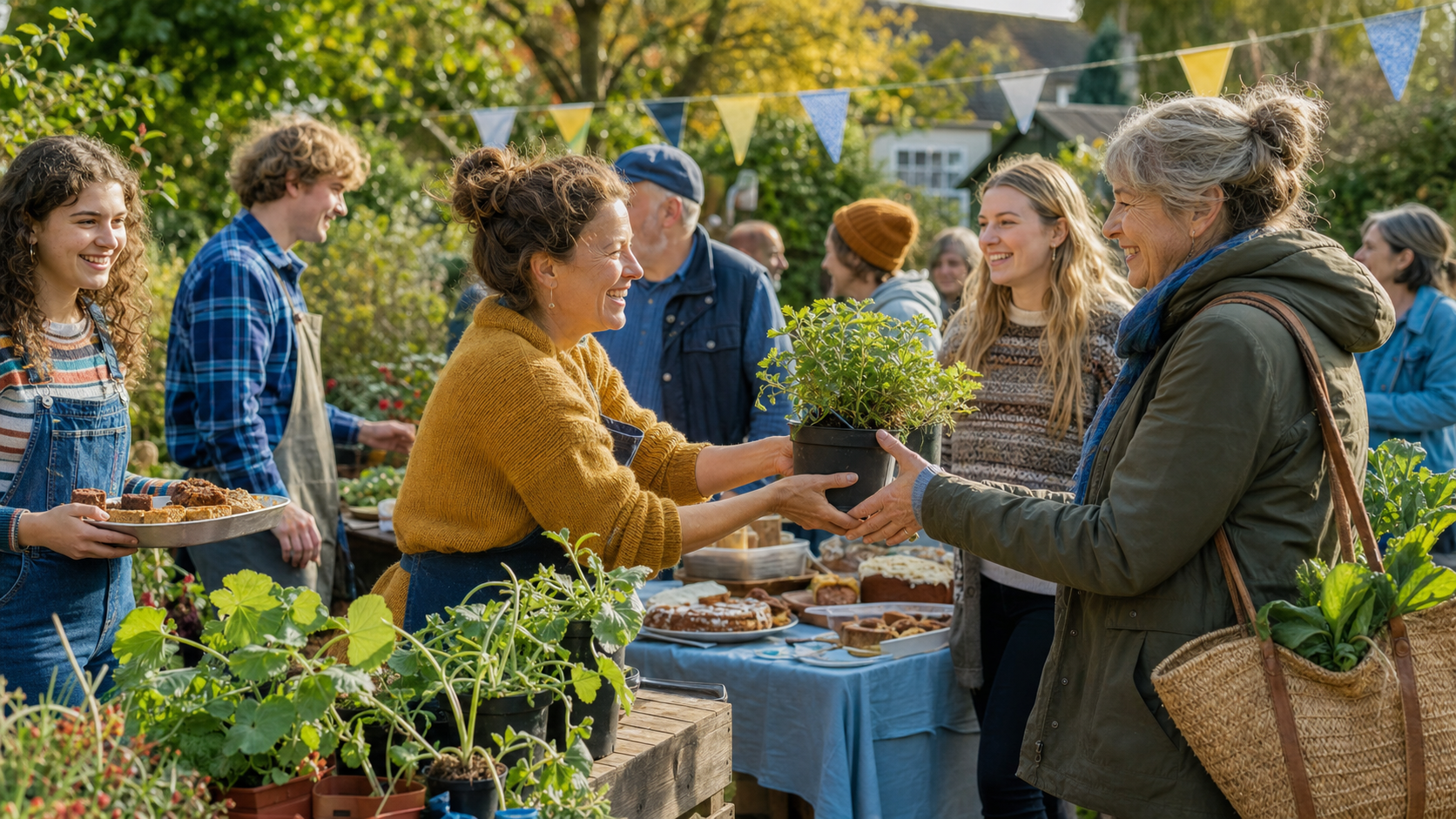 Volunteers and supporters sharing plants and cakes at a cheerful autumn community fundraiser.