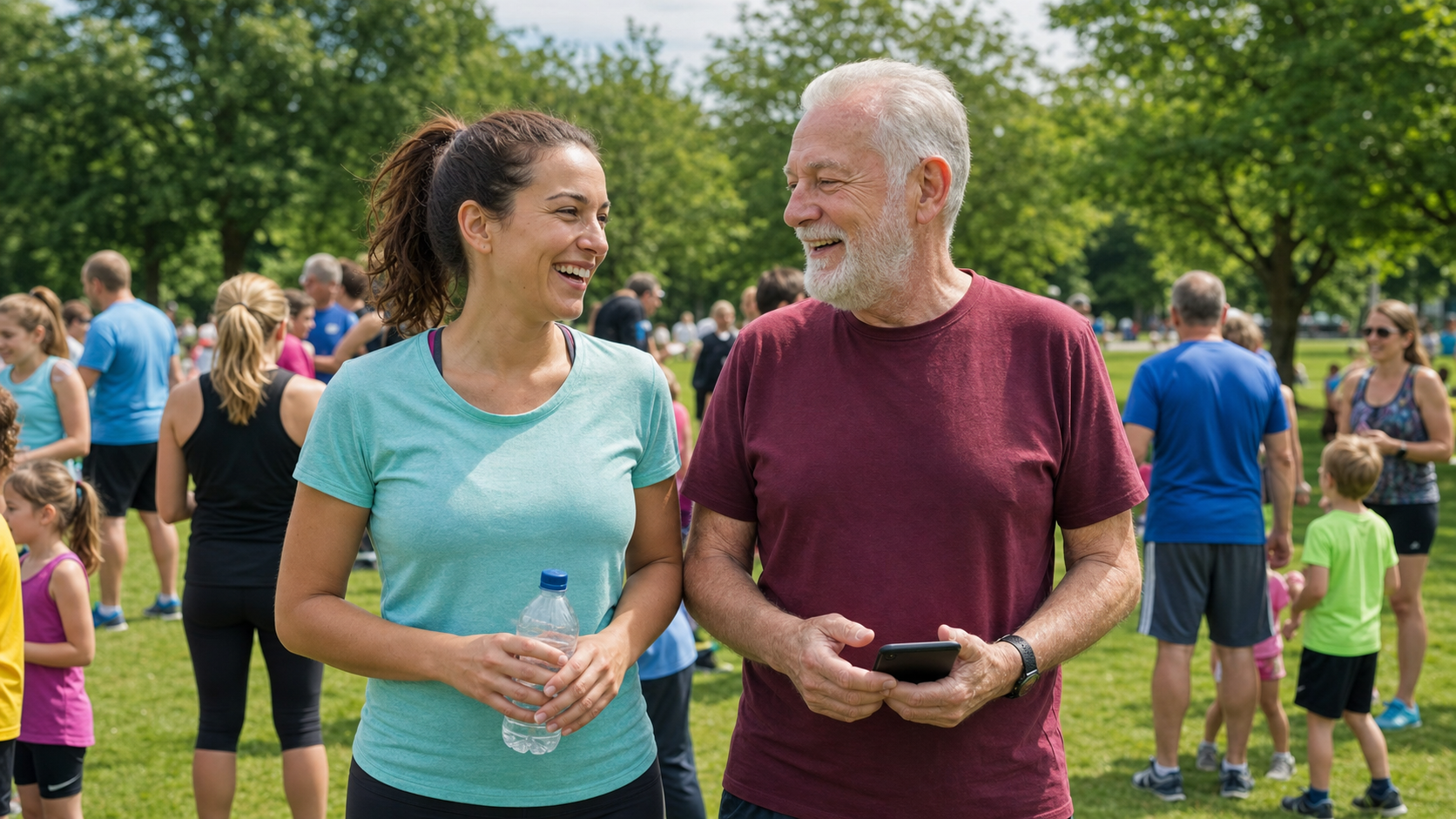 A fundraiser and an older supporter chatting cheerfully after a community fun run in a sunny park.
