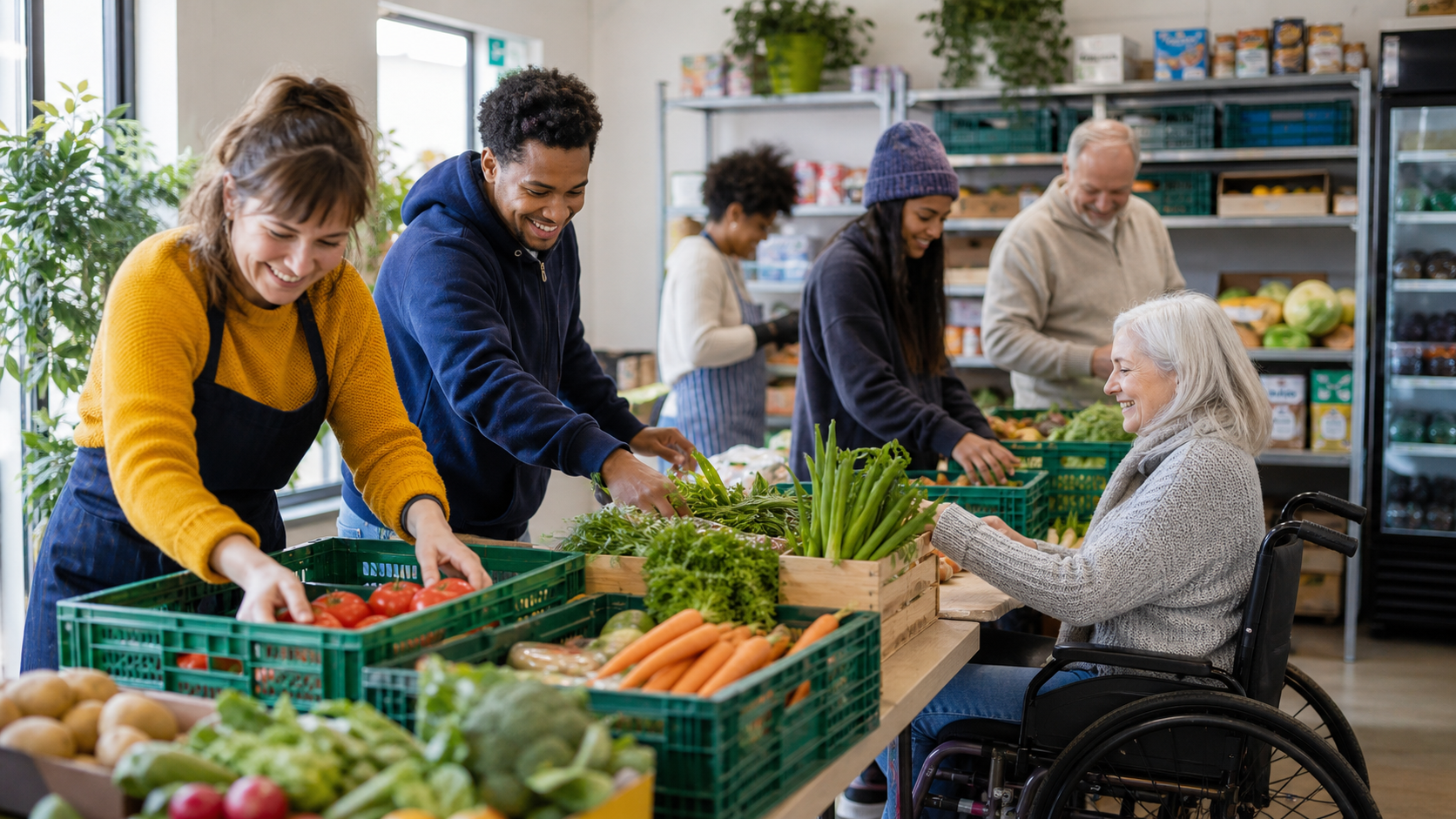 Volunteers sorting fresh vegetables at a community pantry, including an older wheelchair user.