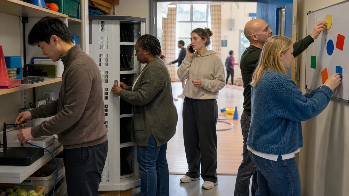 Five charity team members secure devices, disconnect equipment and organise an incident response in a community centre.