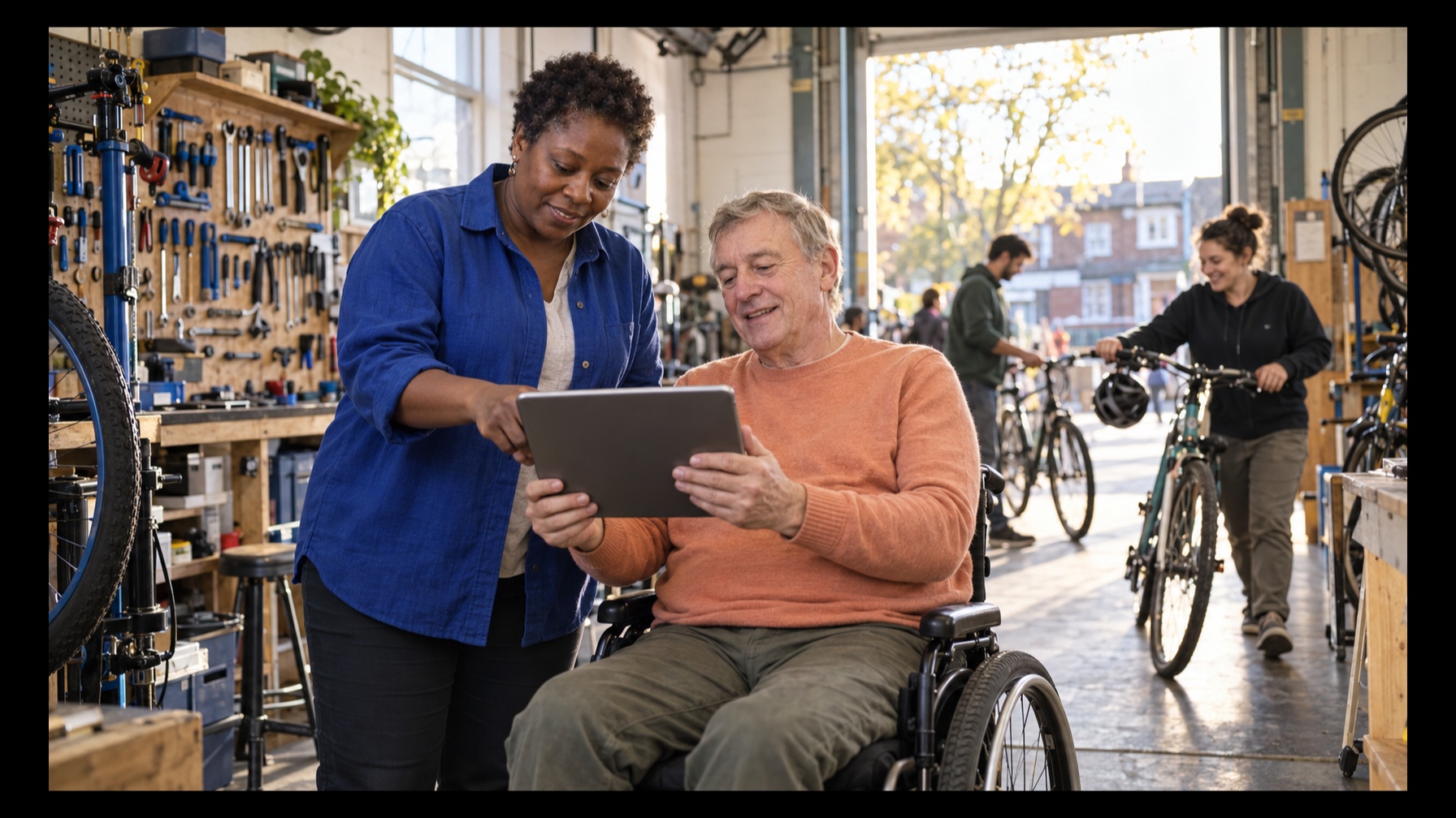 Two charity trustees review a tablet in a community bicycle workshop.