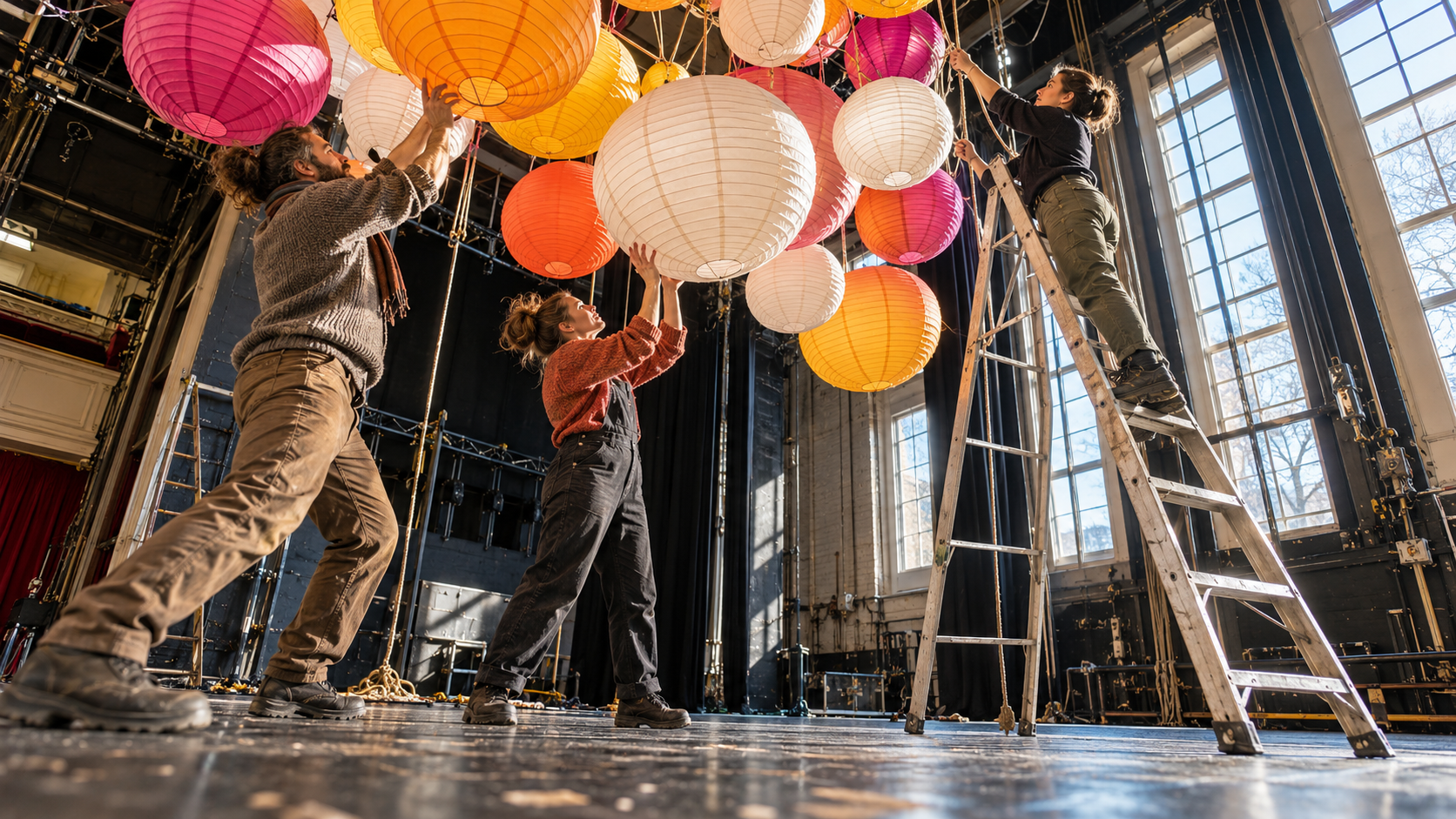 Three volunteers hang colourful paper lanterns above a community theatre stage.